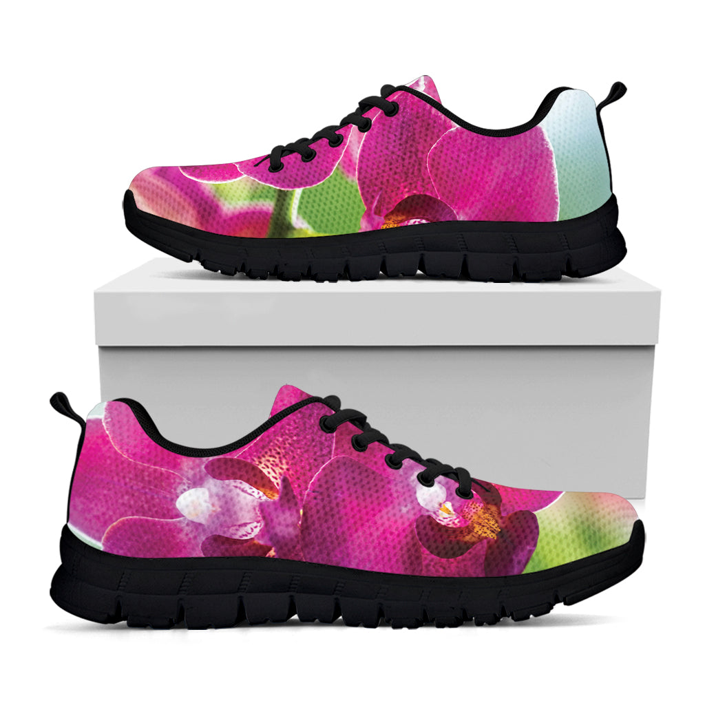 Magenta Orchid Flower Print Black Sneakers