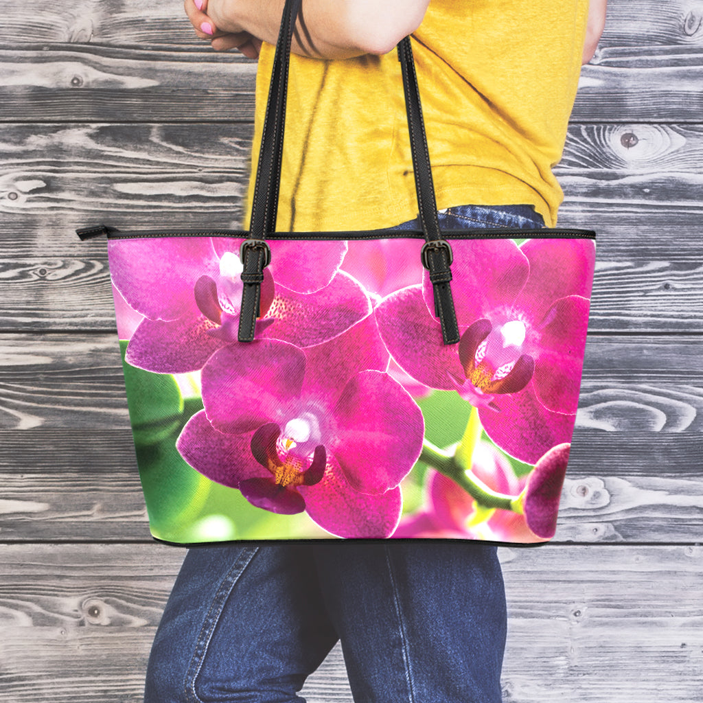 Magenta Orchid Flower Print Leather Tote Bag