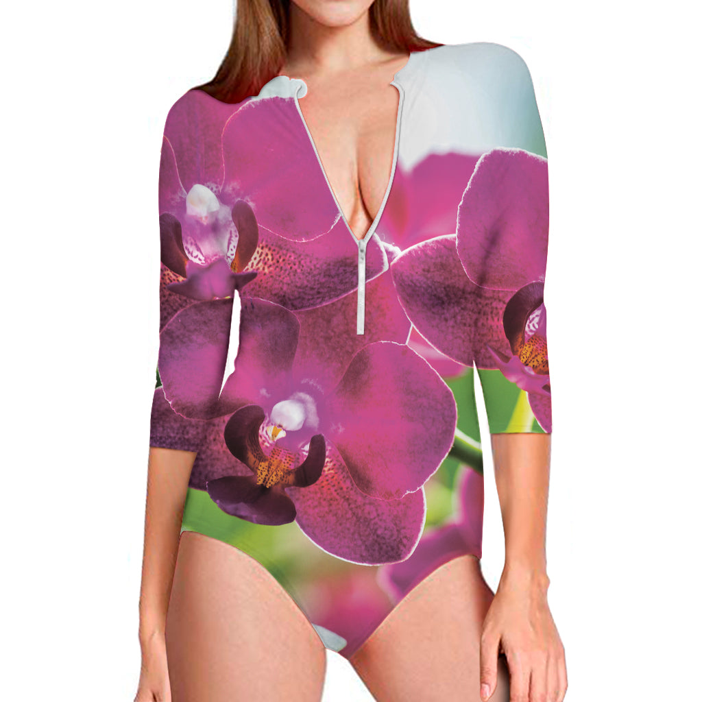 Magenta Orchid Flower Print Long Sleeve One Piece Swimsuit