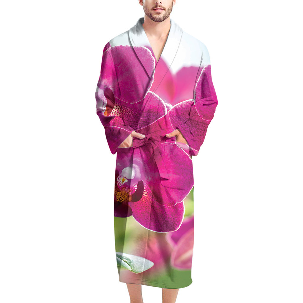 Magenta Orchid Flower Print Men's Bathrobe