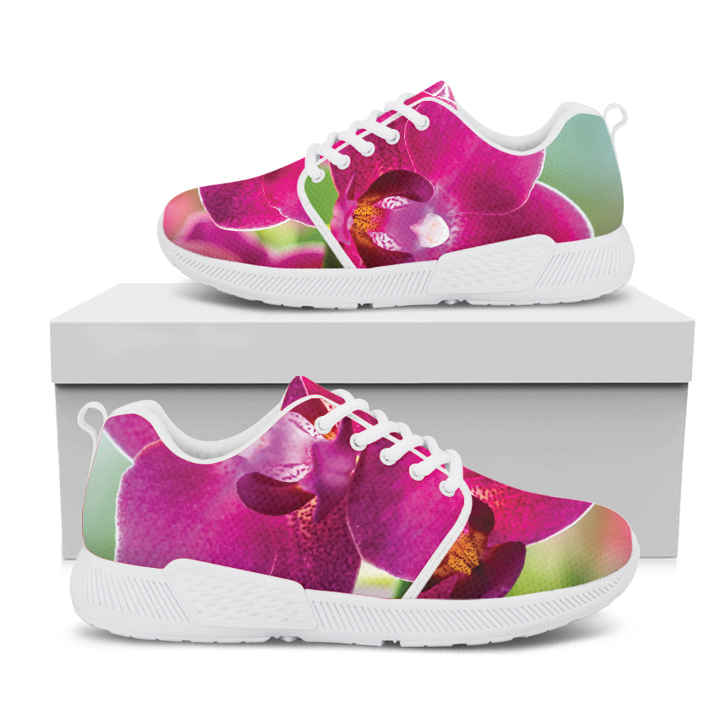 Magenta Orchid Flower Print White Athletic Shoes