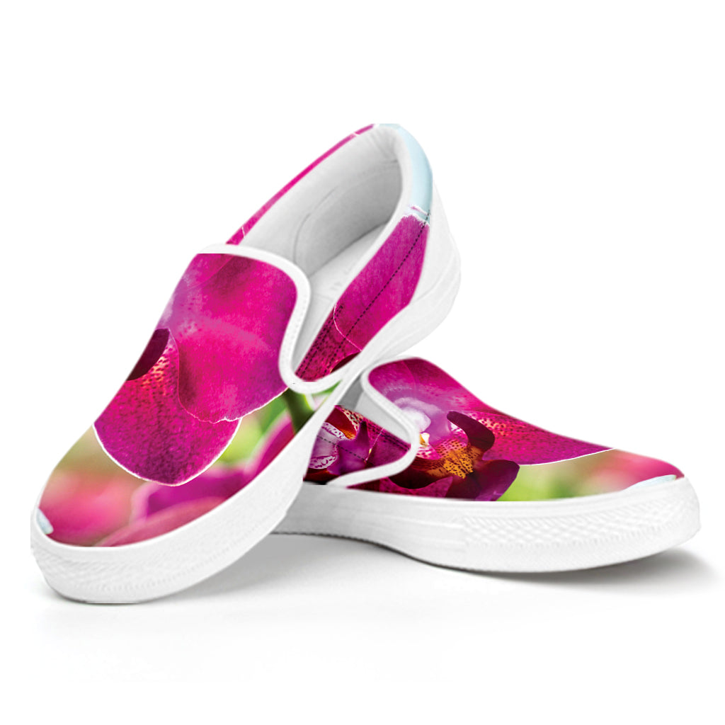 Magenta Orchid Flower Print White Slip On Shoes