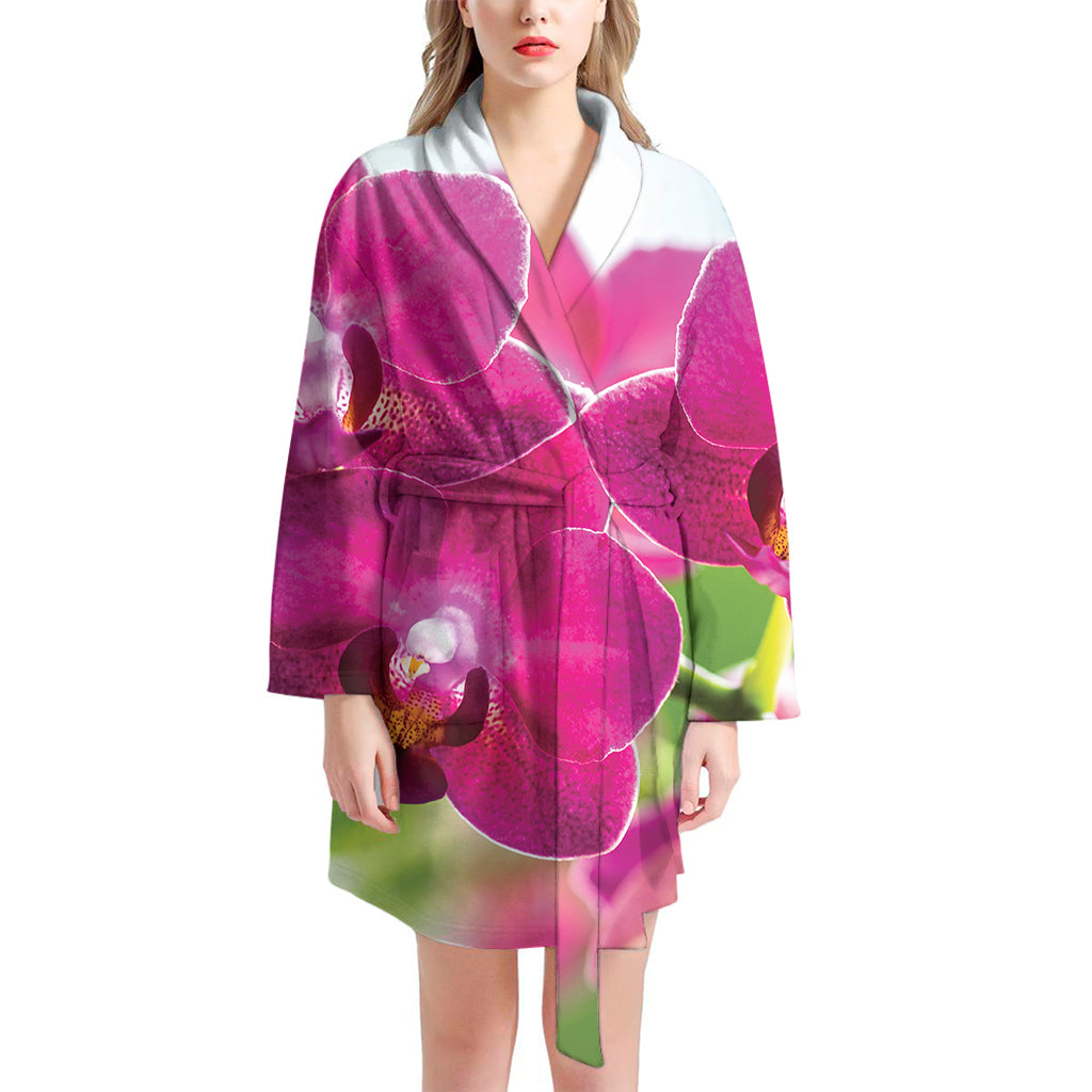 Magenta Orchid Flower Print Women's Bathrobe