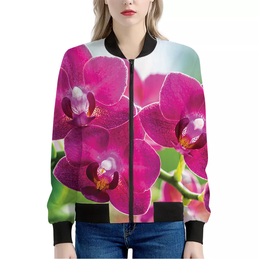 Magenta Orchid Flower Print Women's Bomber Jacket