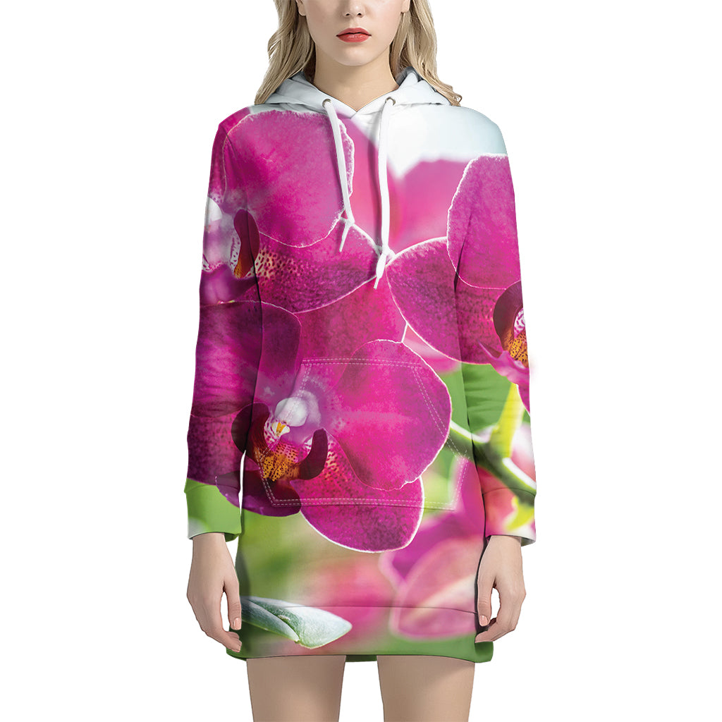 Magenta Orchid Flower Print Women's Pullover Hoodie Dress