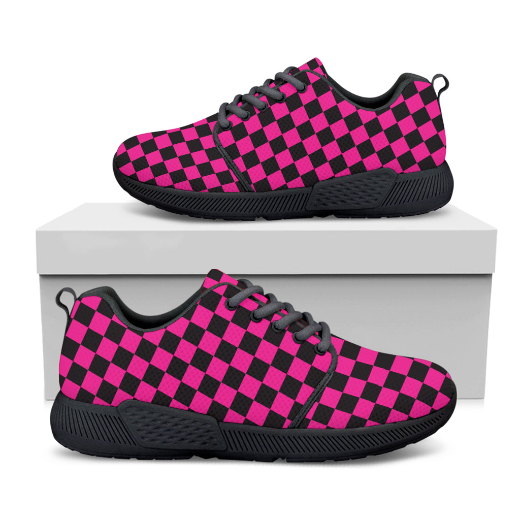 Magenta Pink And Black Checkered Print Black Athletic Shoes