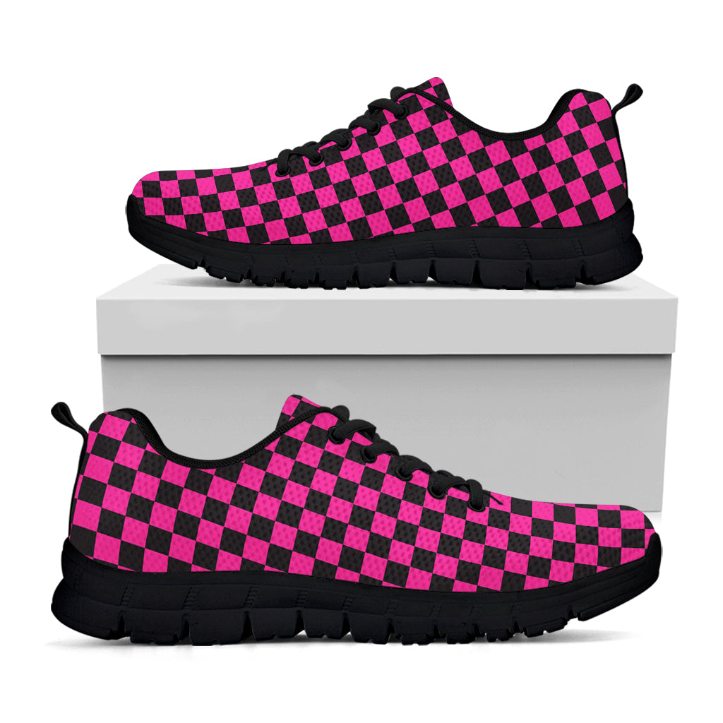 Magenta Pink And Black Checkered Print Black Sneakers