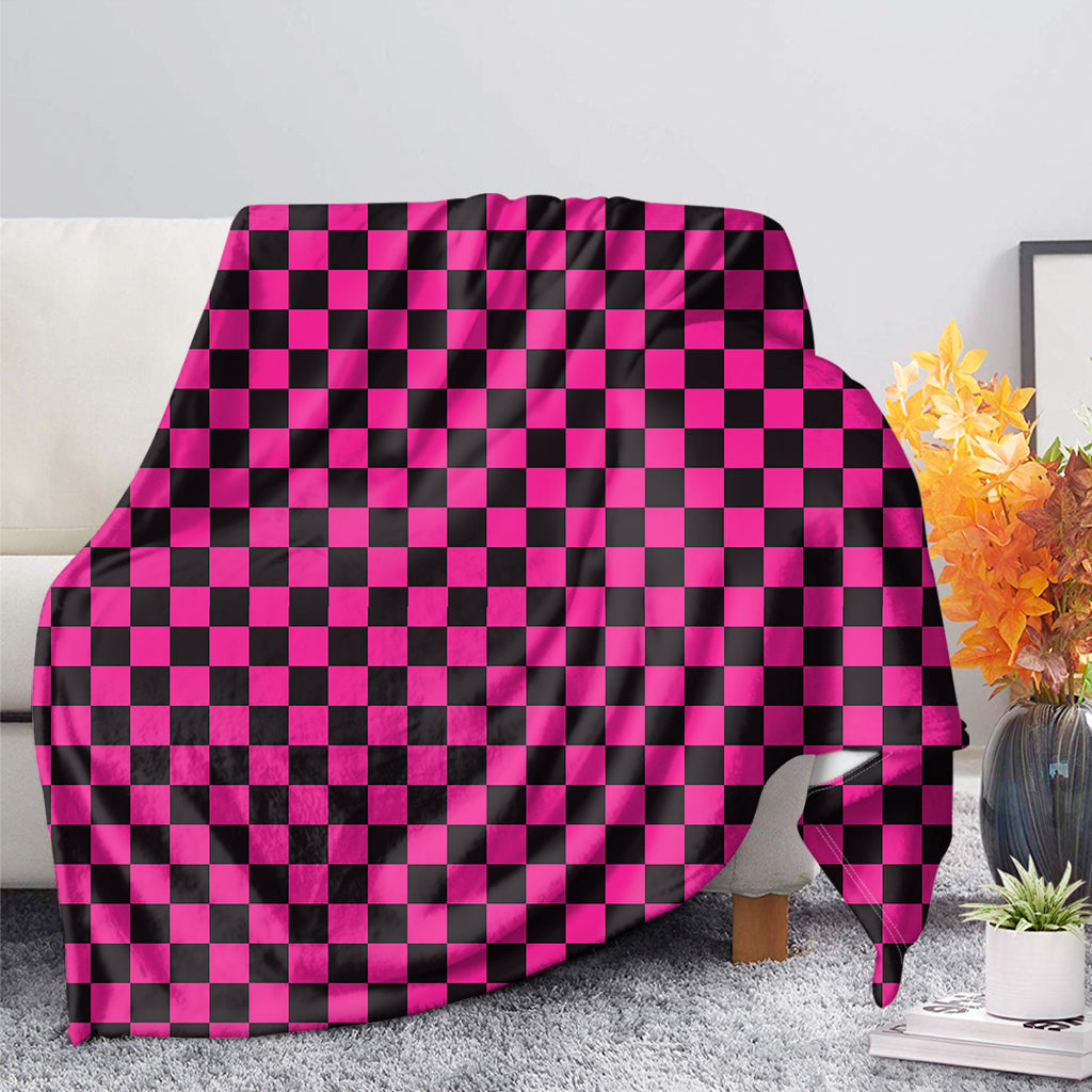 Magenta Pink And Black Checkered Print Blanket