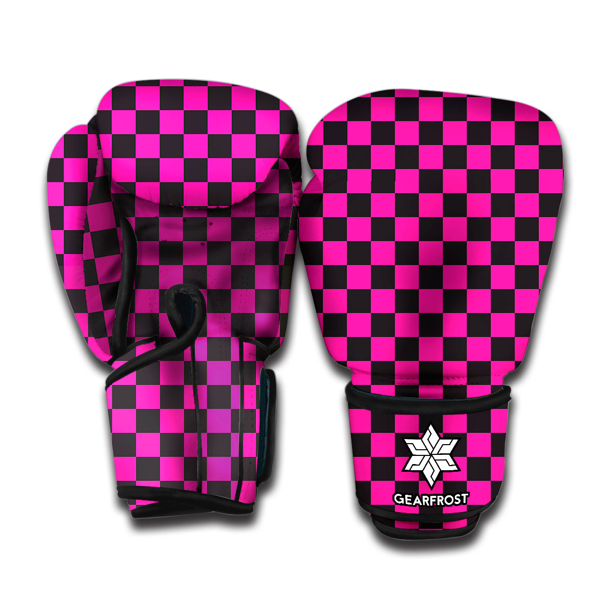 Magenta Pink And Black Checkered Print Boxing Gloves