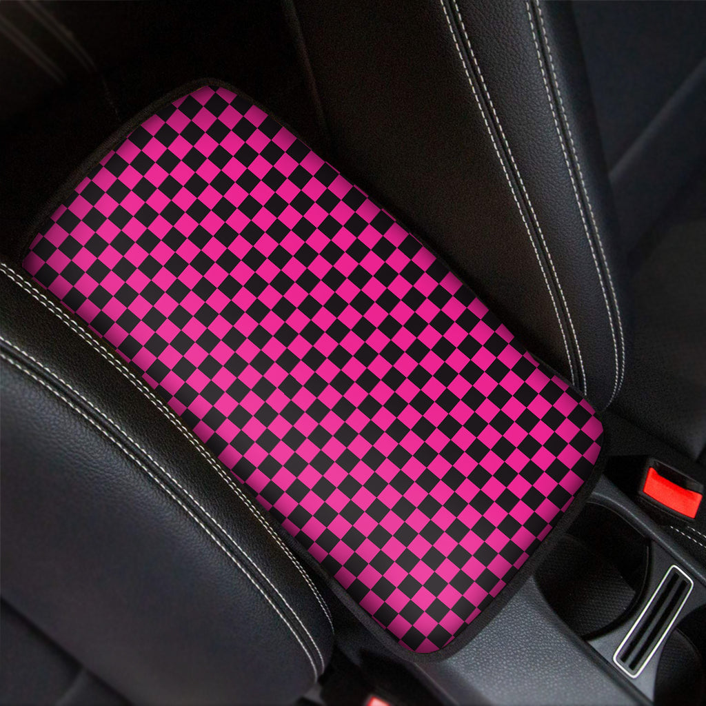 Magenta Pink And Black Checkered Print Car Center Console Cover