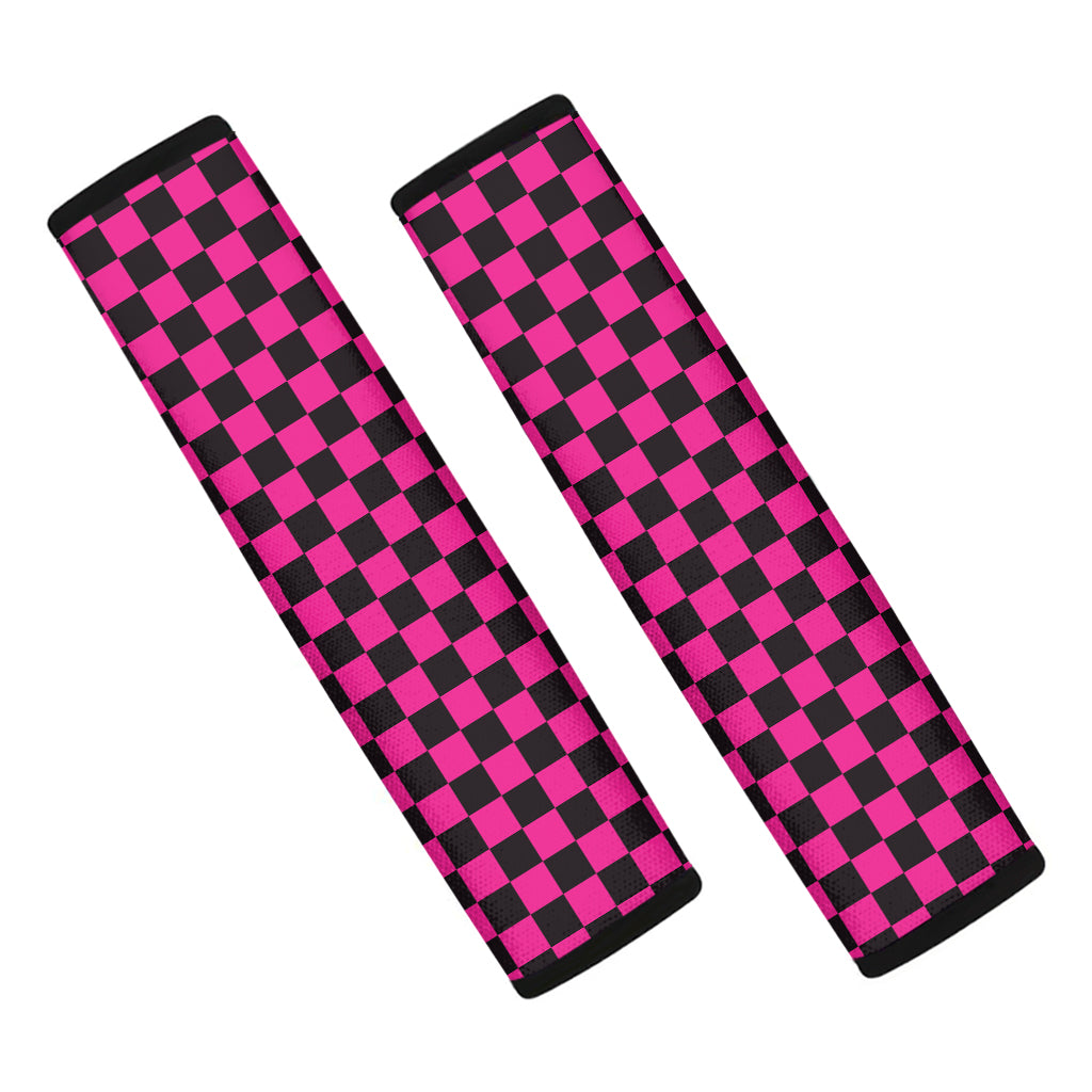 Magenta Pink And Black Checkered Print Car Seat Belt Covers