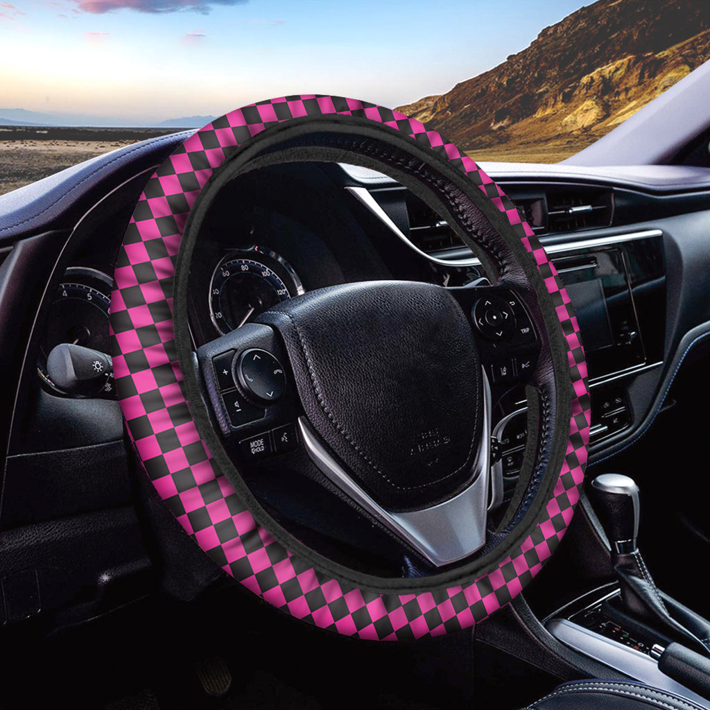 Magenta Pink And Black Checkered Print Car Steering Wheel Cover