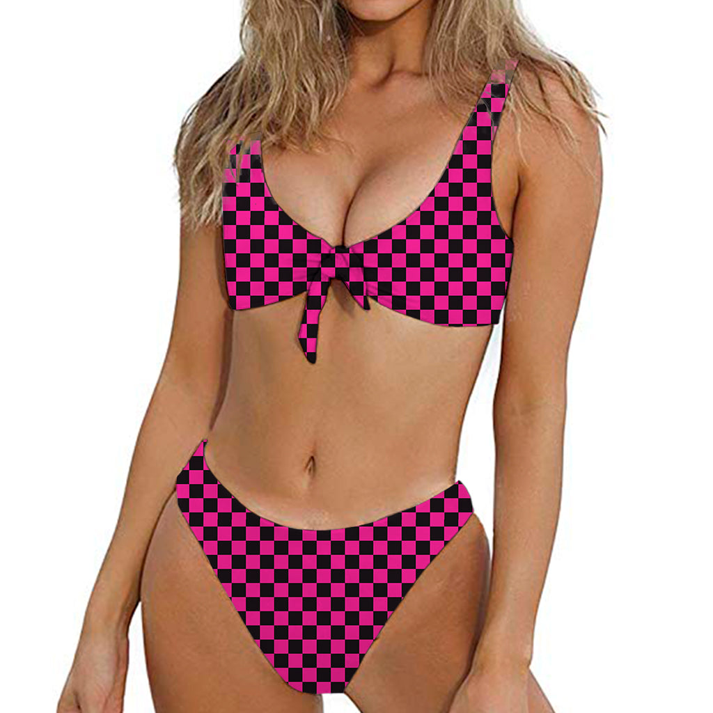 Magenta Pink And Black Checkered Print Front Bow Tie Bikini