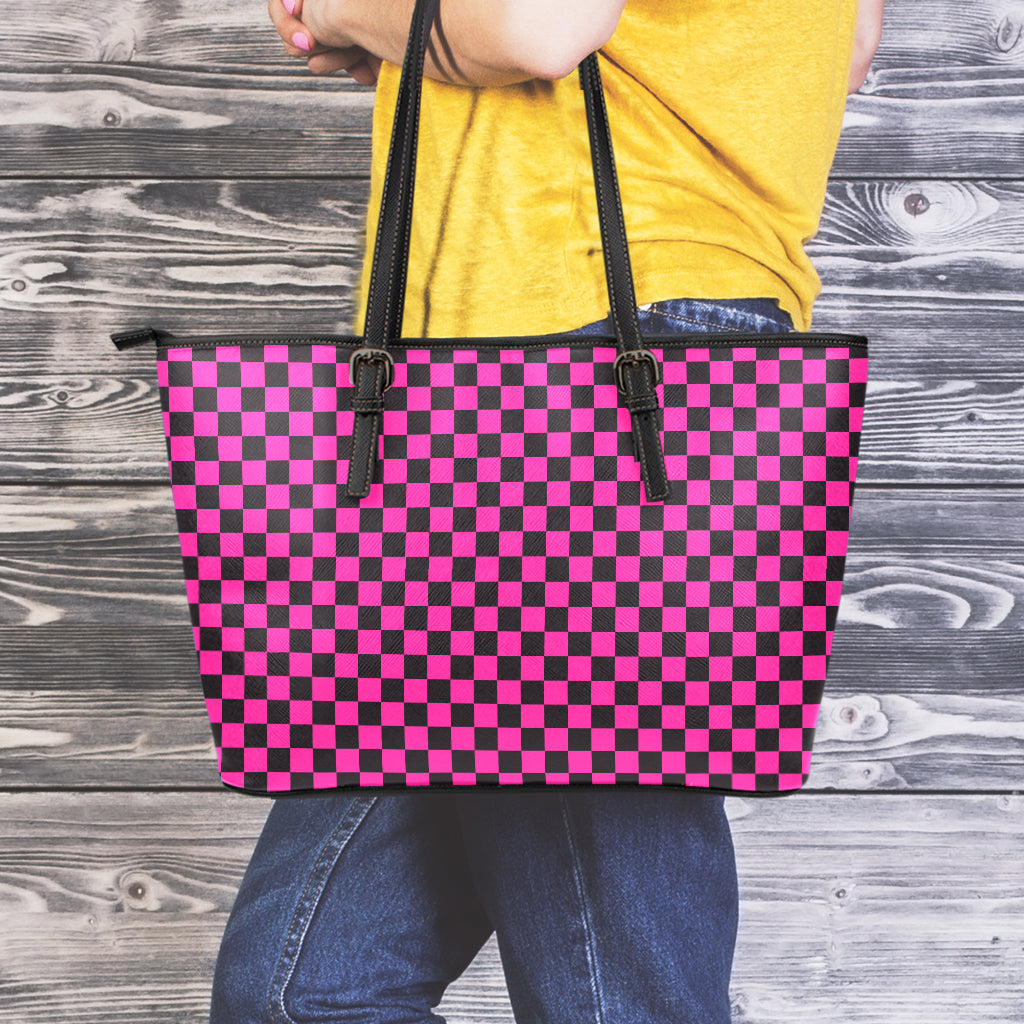 Magenta Pink And Black Checkered Print Leather Tote Bag