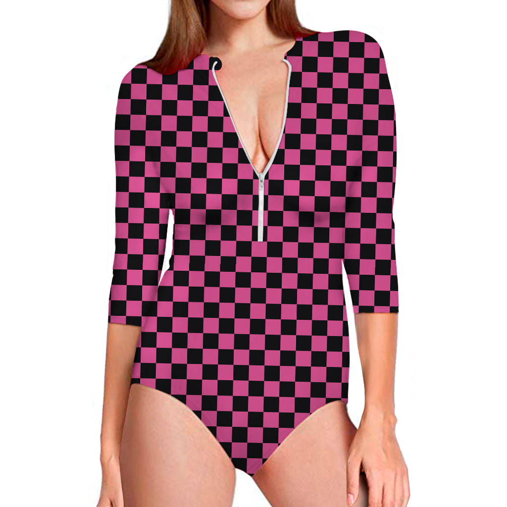 Magenta Pink And Black Checkered Print Long Sleeve One Piece Swimsuit