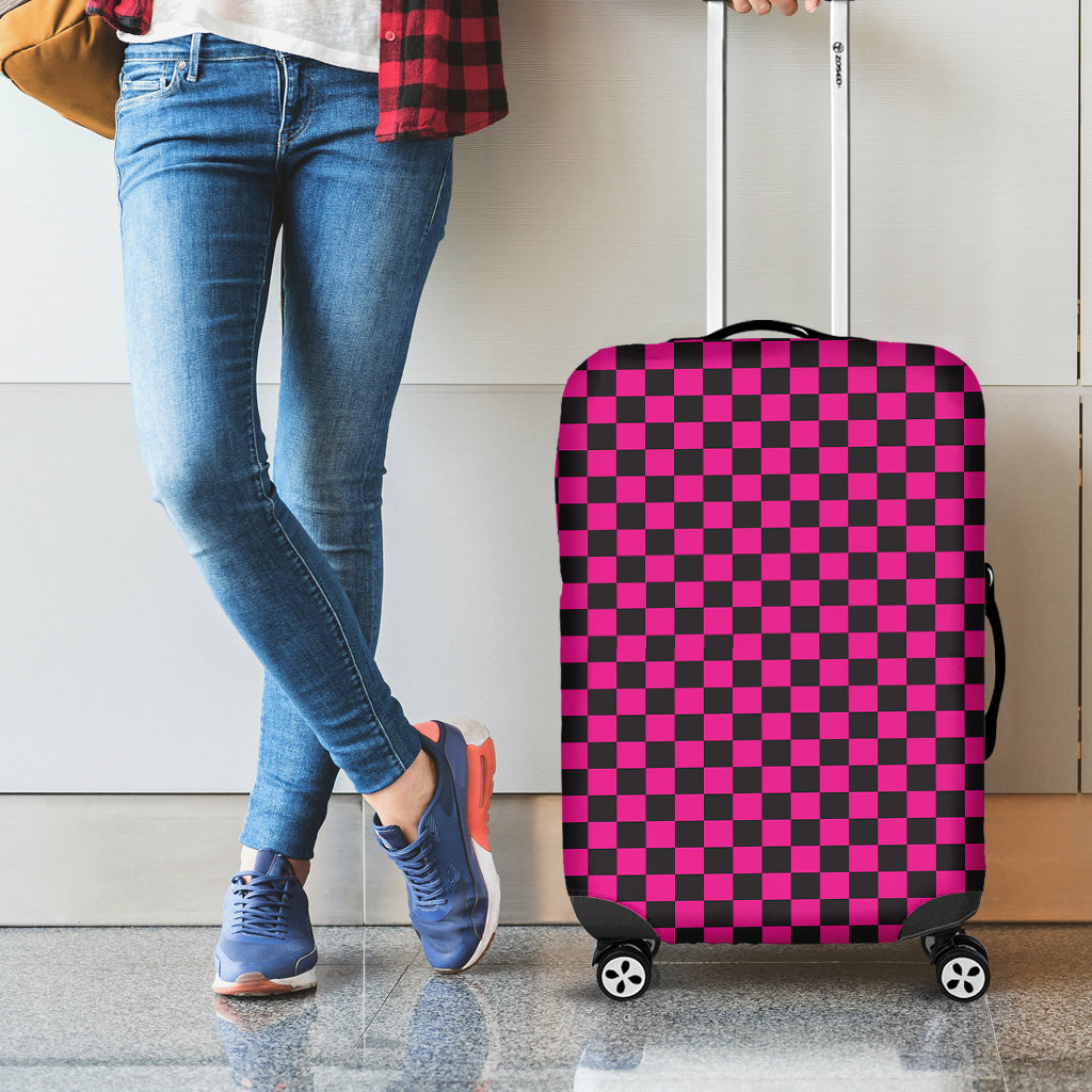 Magenta Pink And Black Checkered Print Luggage Cover