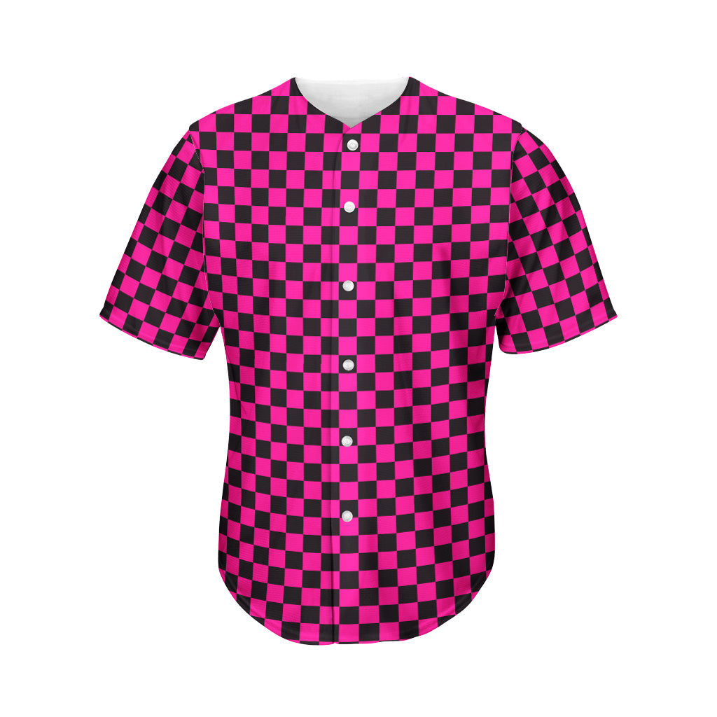 Magenta Pink And Black Checkered Print Men's Baseball Jersey