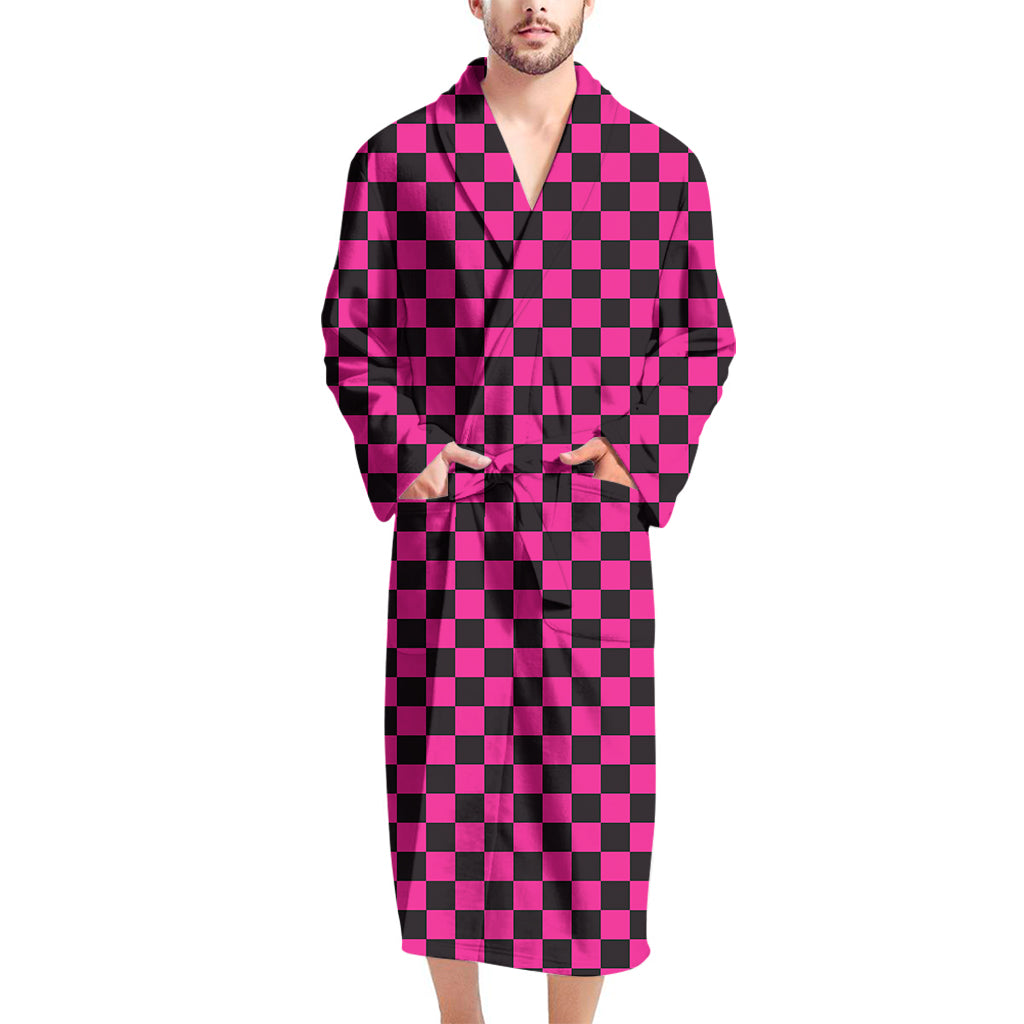 Magenta Pink And Black Checkered Print Men's Bathrobe