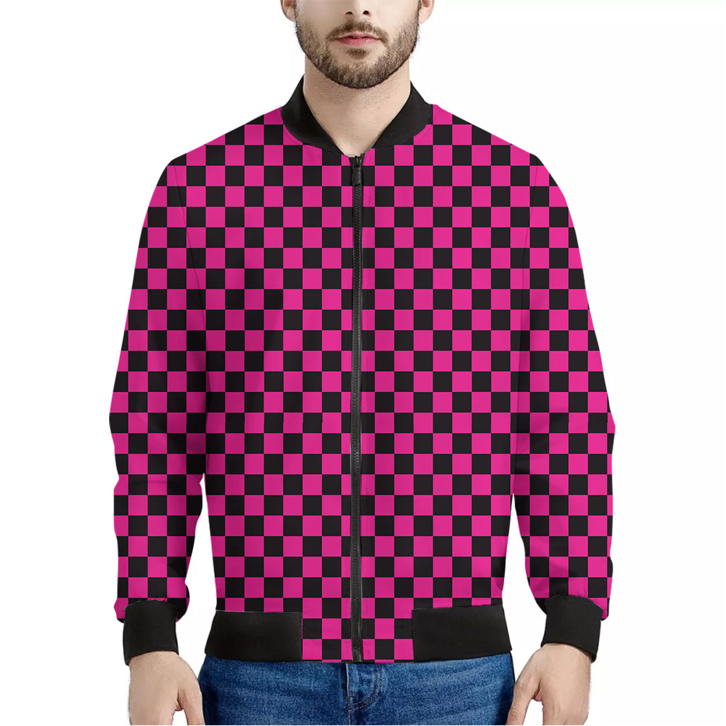 Magenta Pink And Black Checkered Print Men's Bomber Jacket