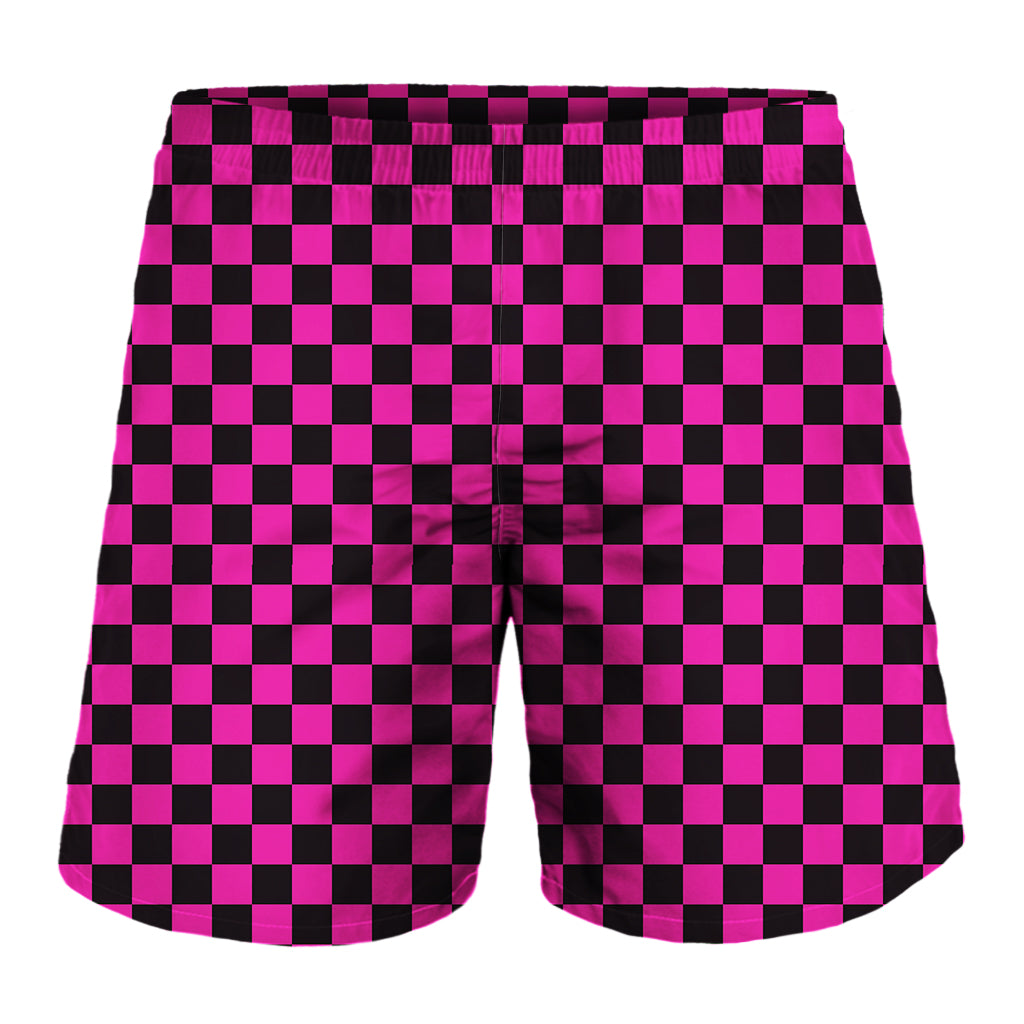 Magenta Pink And Black Checkered Print Men's Shorts