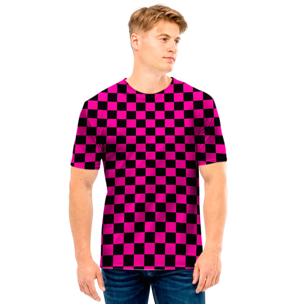 Magenta Pink And Black Checkered Print Men's T-Shirt