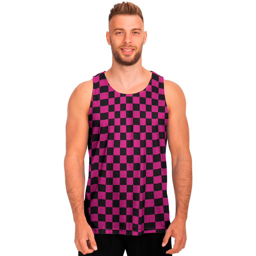 Magenta Pink And Black Checkered Print Men's Tank Top