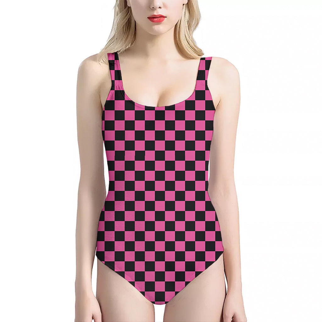 Magenta Pink And Black Checkered Print One Piece Halter Neck Swimsuit