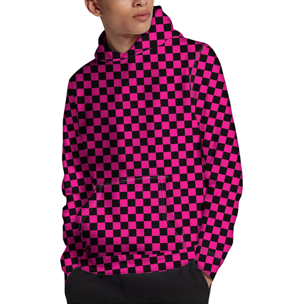 Magenta Pink And Black Checkered Print Pullover Hoodie