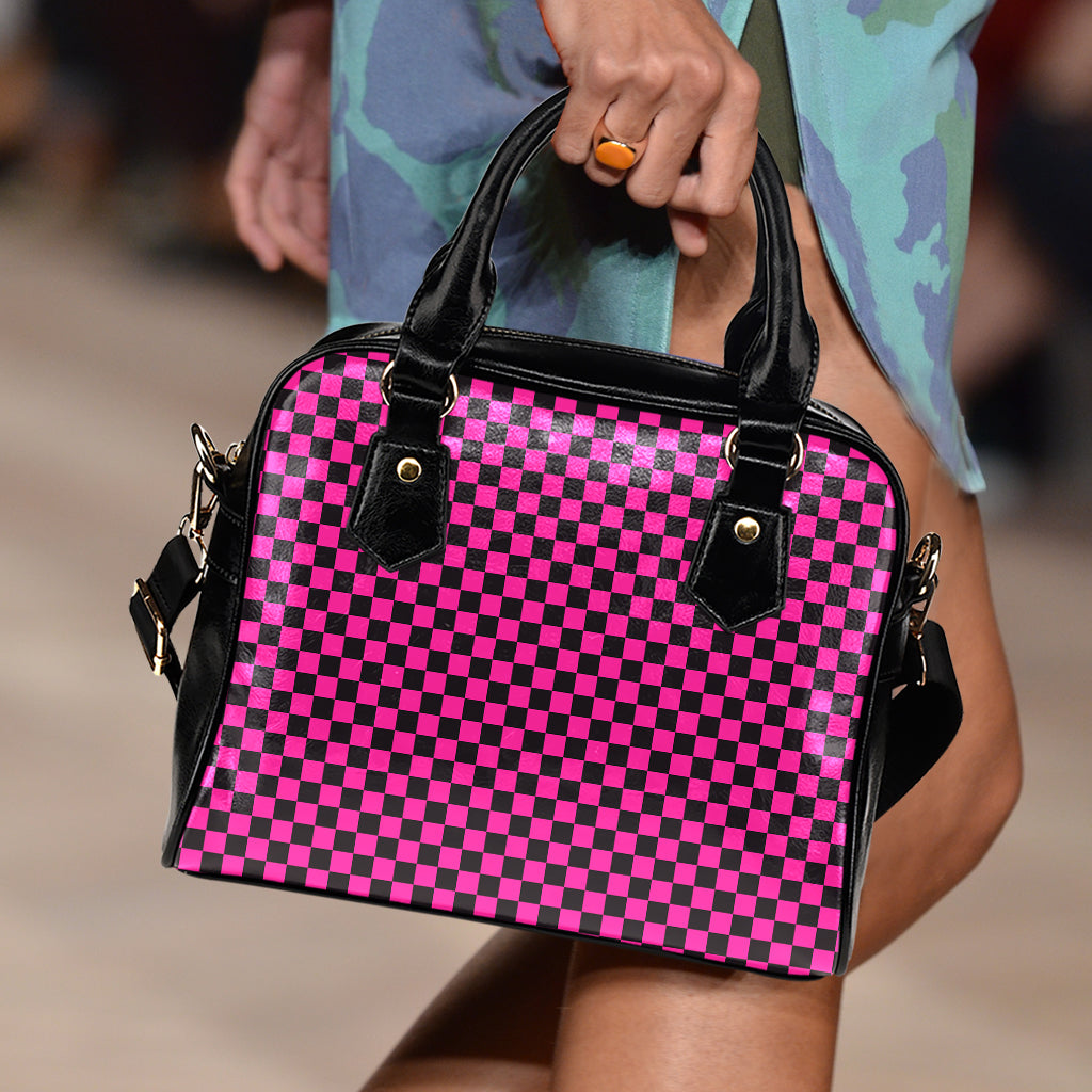 Magenta Pink And Black Checkered Print Shoulder Handbag