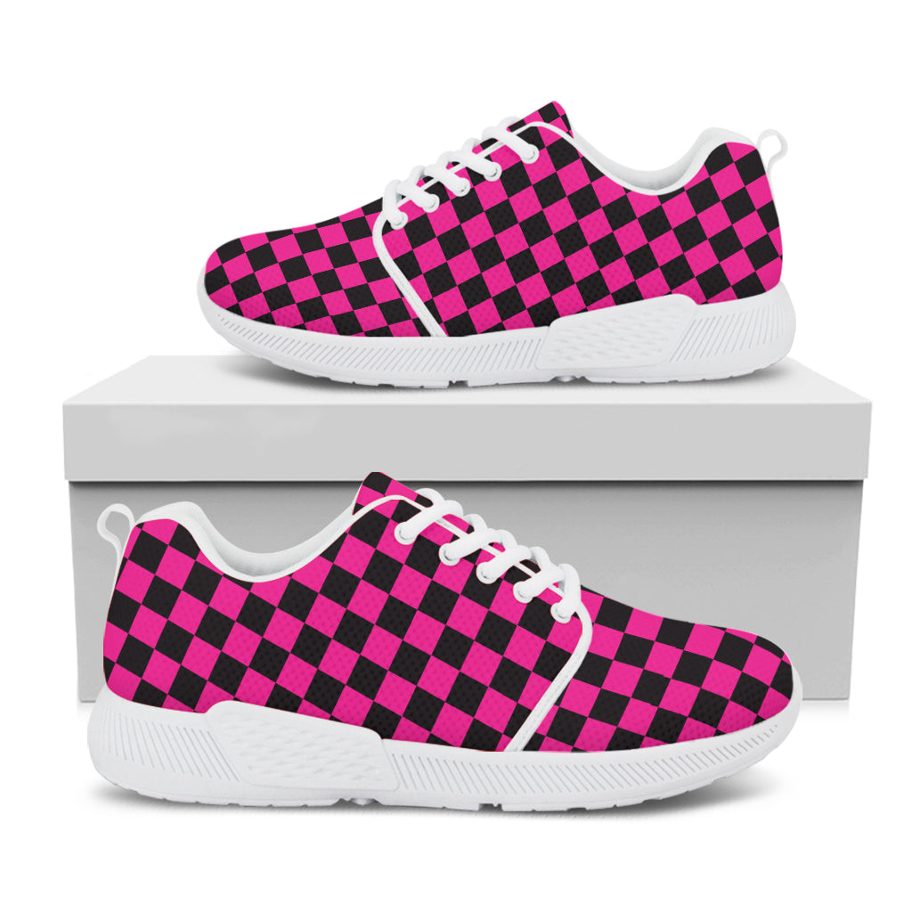 Magenta Pink And Black Checkered Print White Athletic Shoes