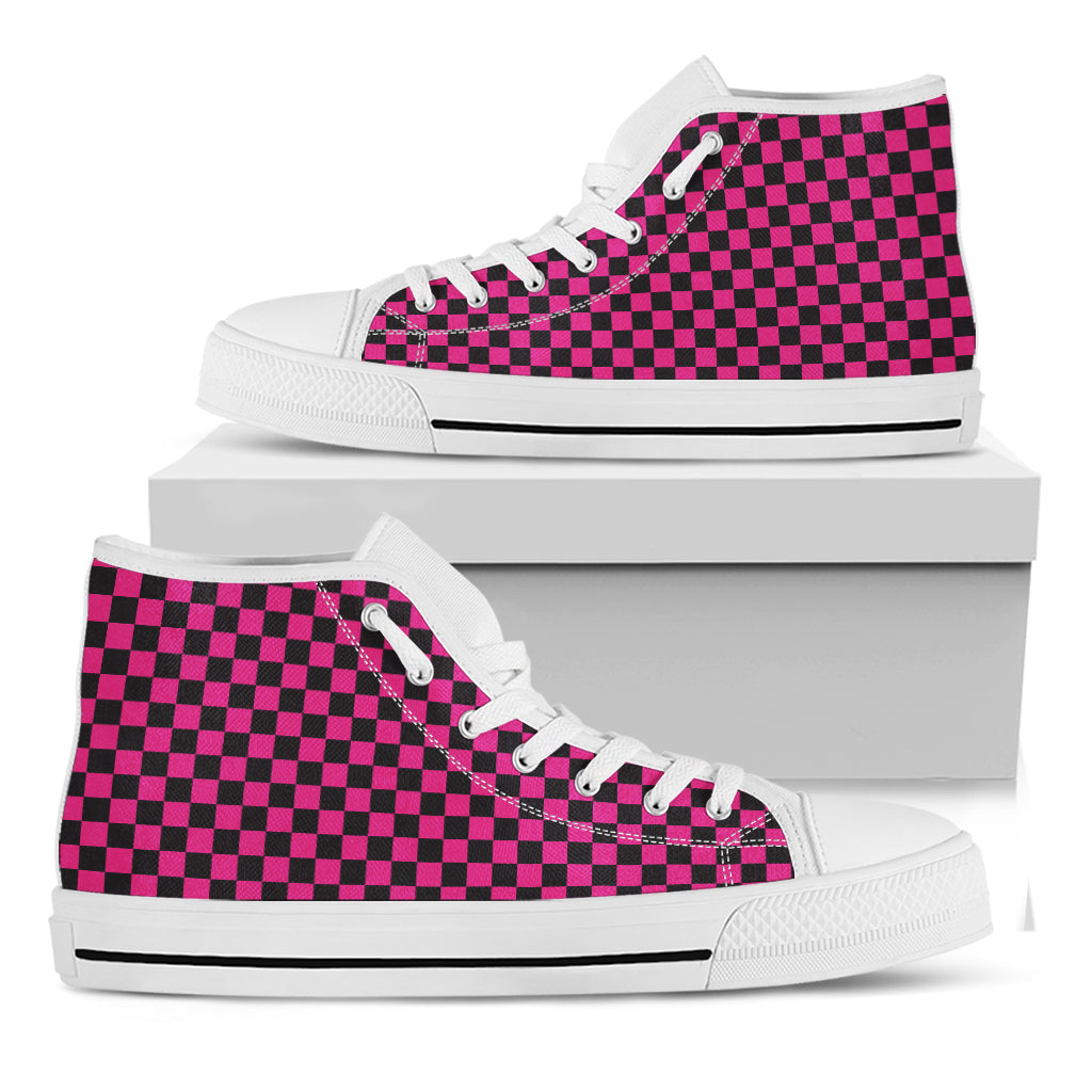 Magenta Pink And Black Checkered Print White High Top Shoes