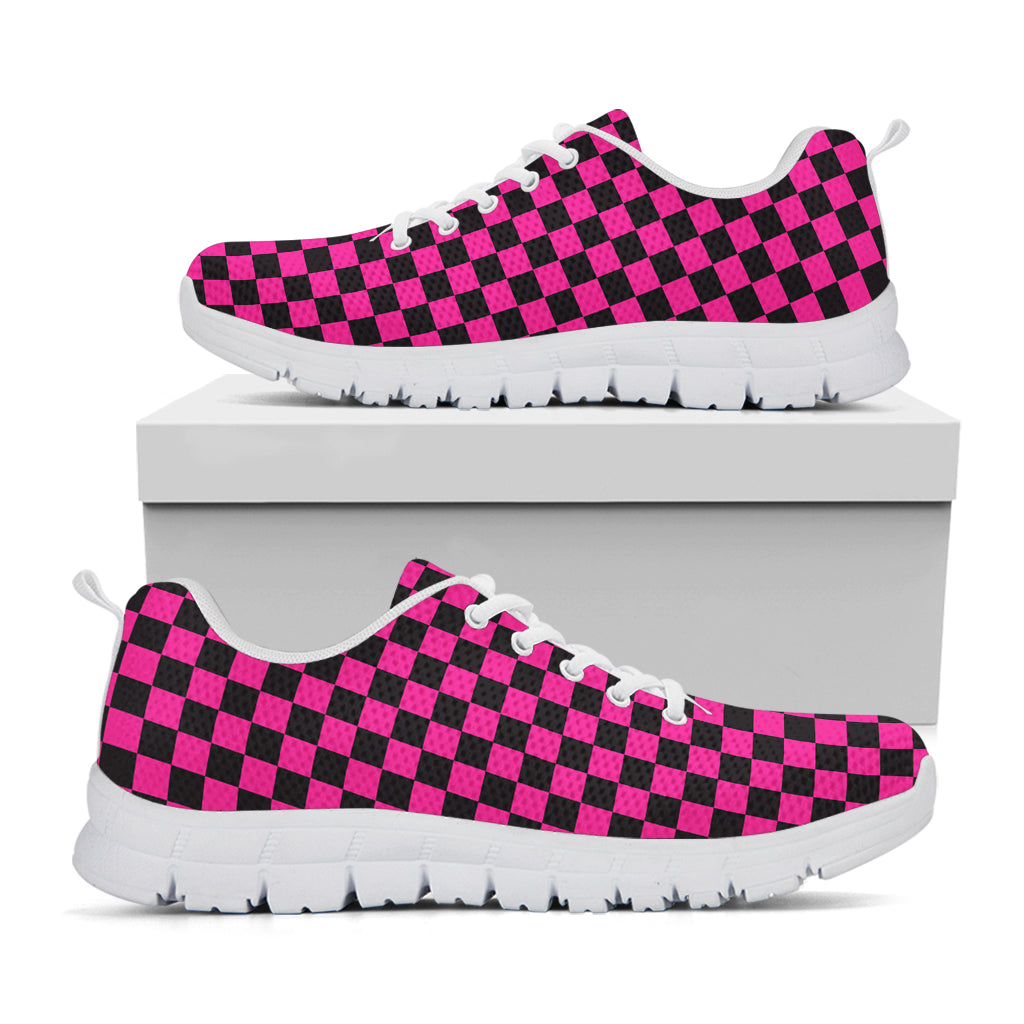 Magenta Pink And Black Checkered Print White Sneakers