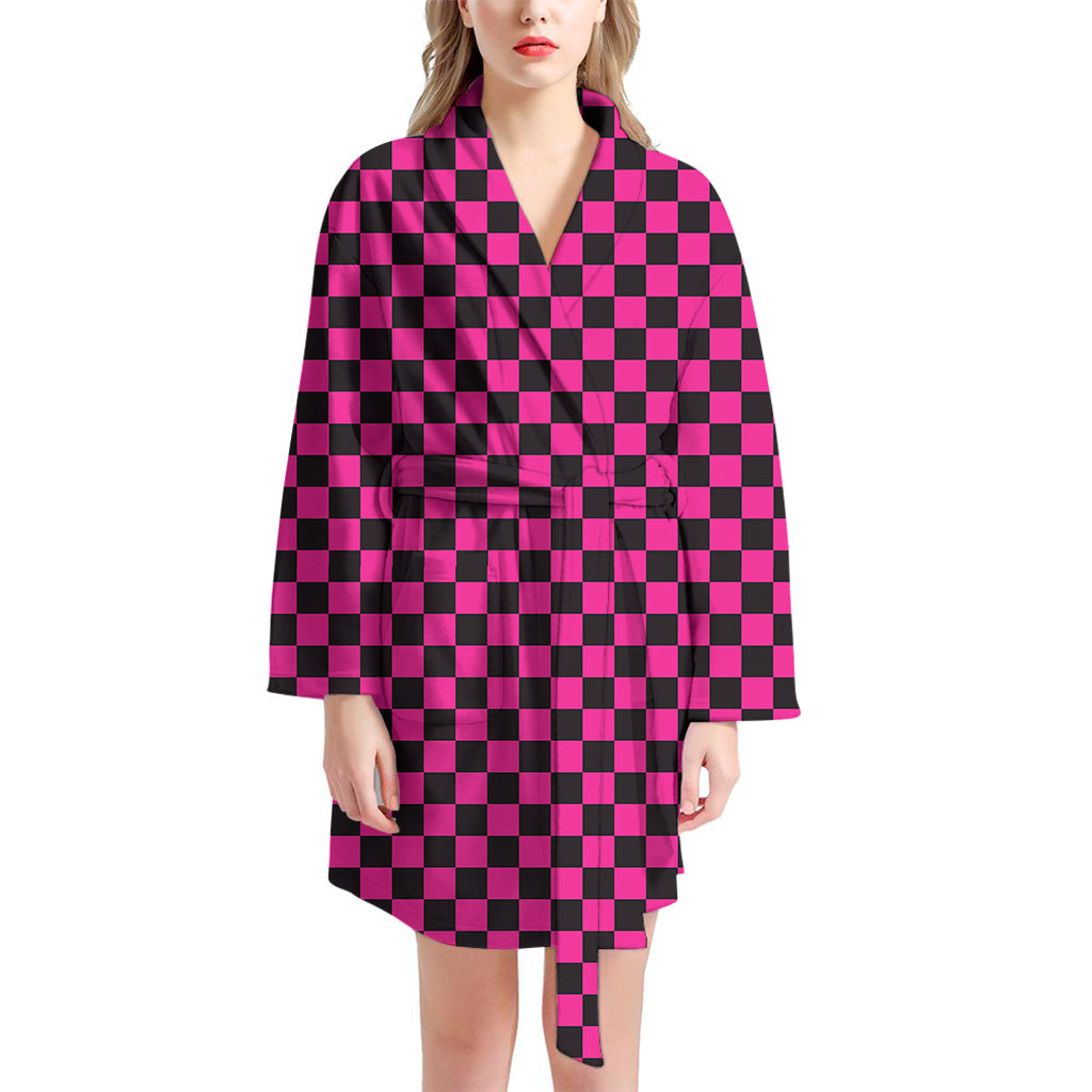 Magenta Pink And Black Checkered Print Women's Bathrobe