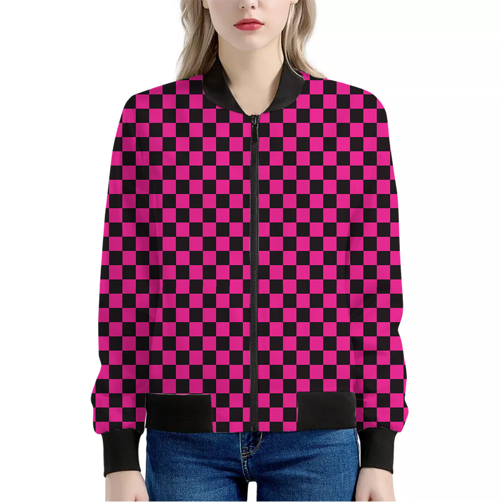 Magenta Pink And Black Checkered Print Women's Bomber Jacket