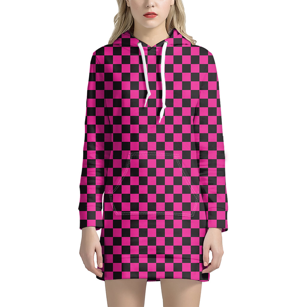 Magenta Pink And Black Checkered Print Women's Pullover Hoodie Dress