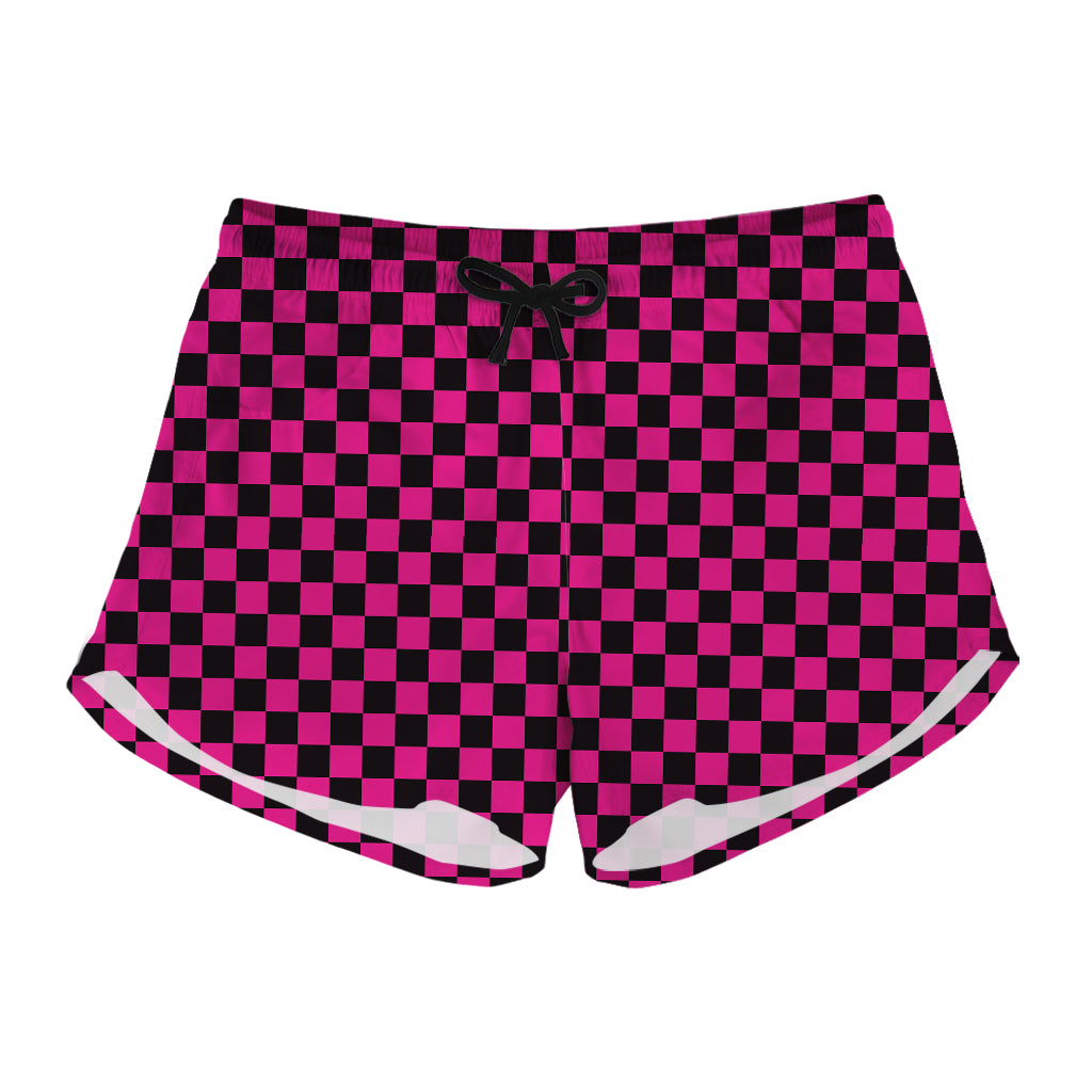 Magenta Pink And Black Checkered Print Women's Shorts