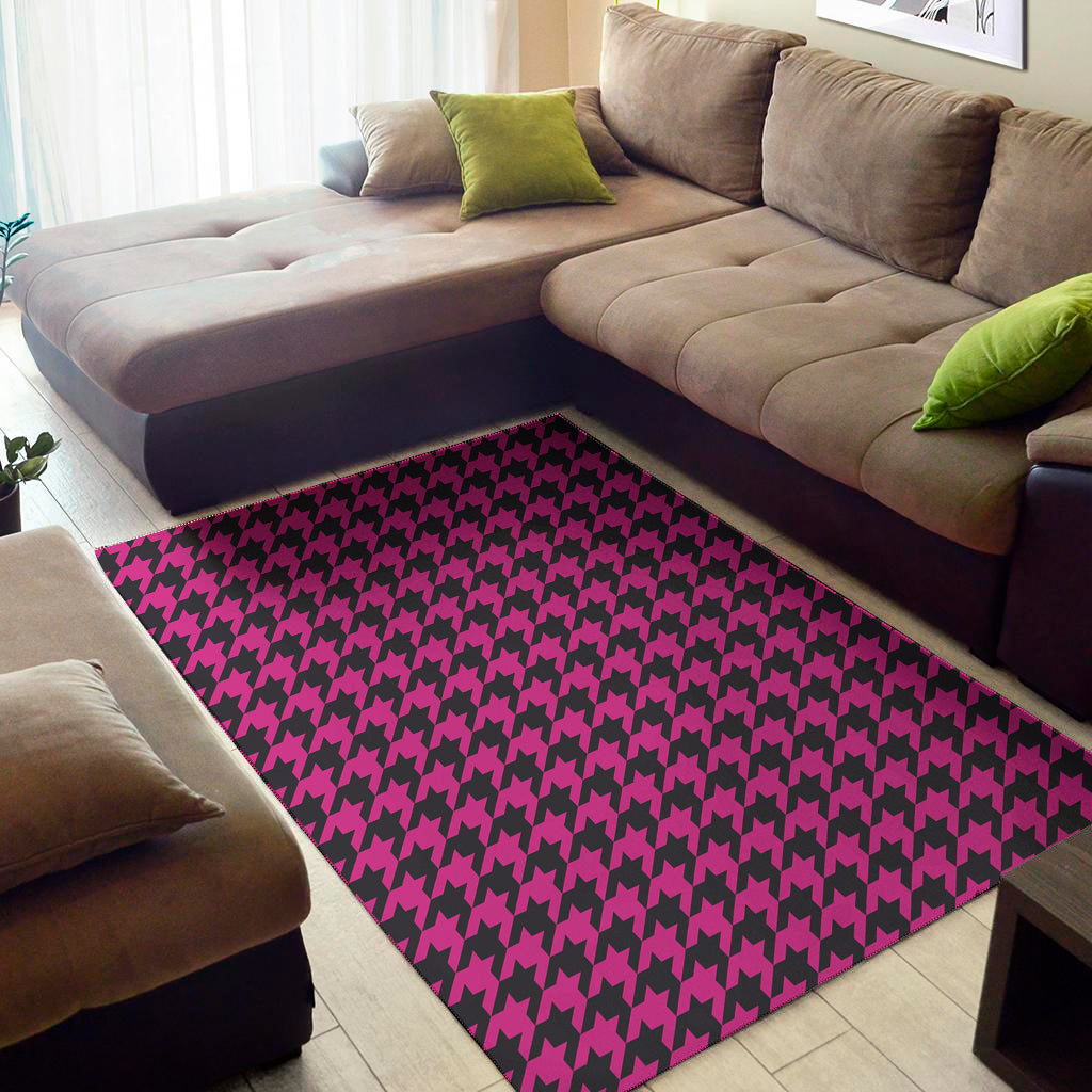 Magenta Pink And Black Houndstooth Print Area Rug