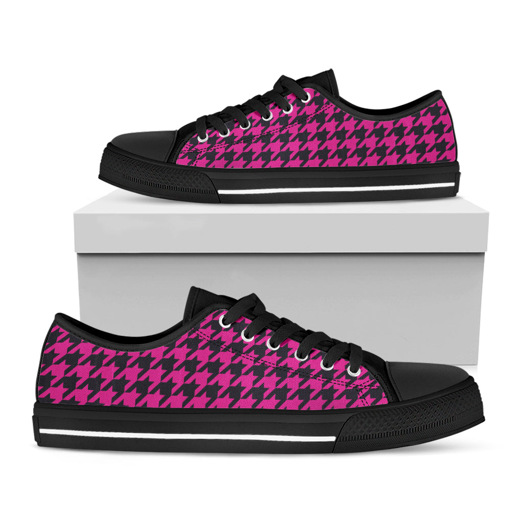 Magenta Pink And Black Houndstooth Print Black Low Top Shoes