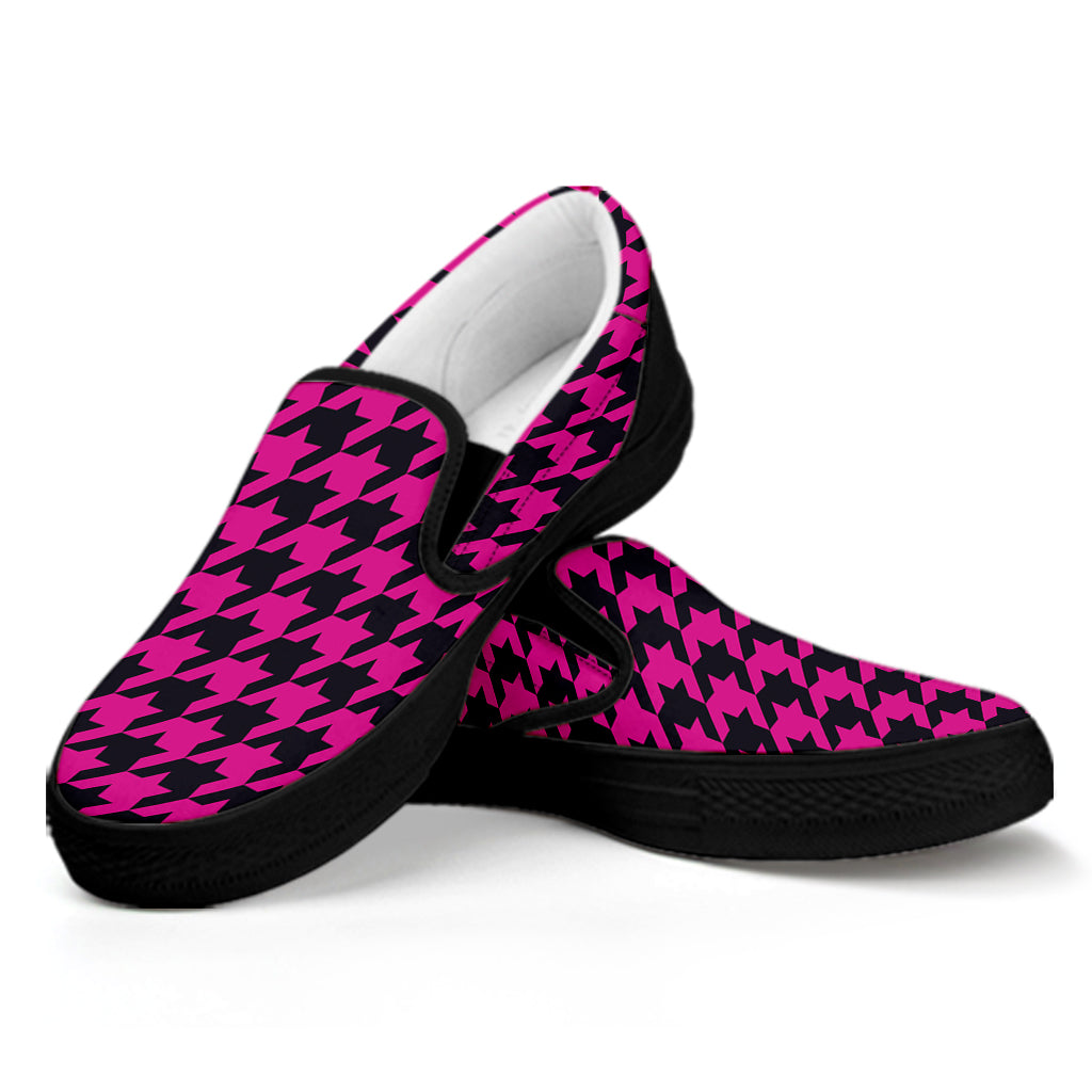 Magenta Pink And Black Houndstooth Print Black Slip On Shoes