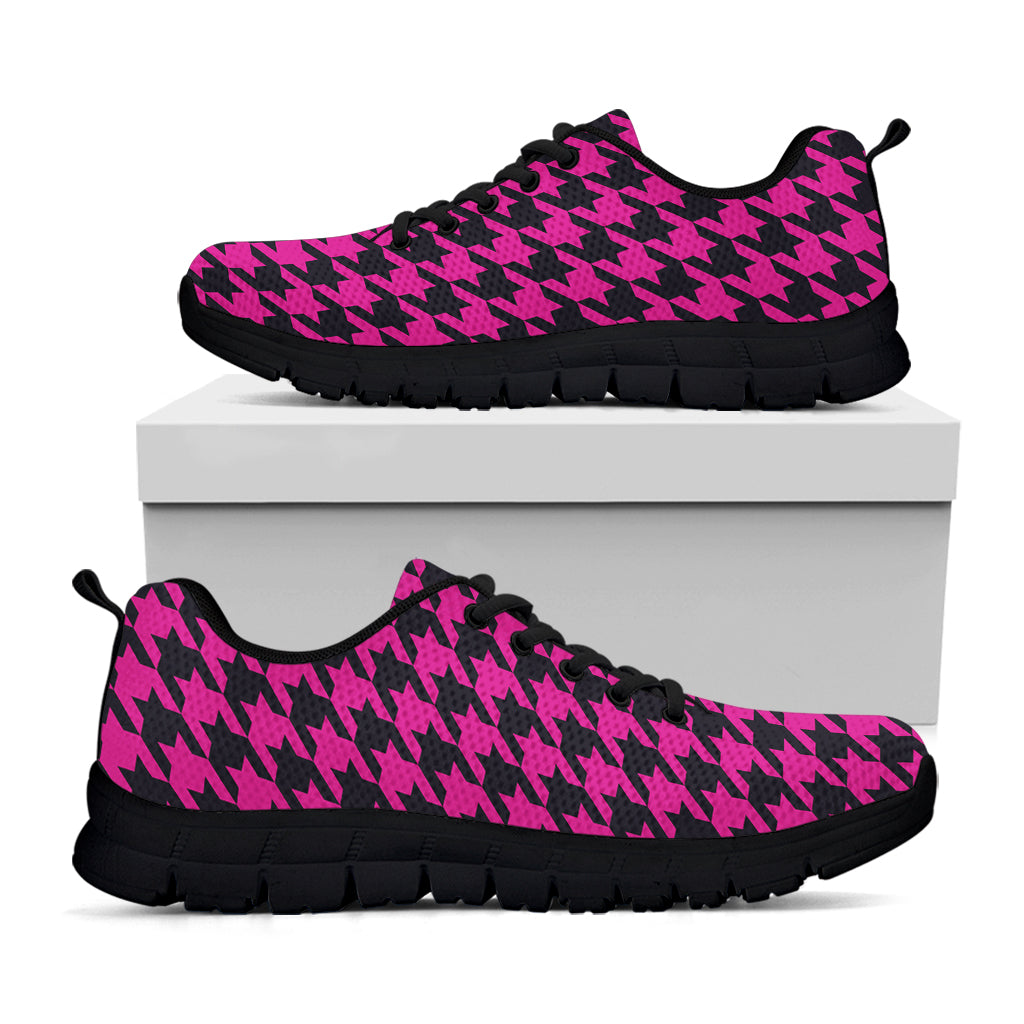 Magenta Pink And Black Houndstooth Print Black Sneakers