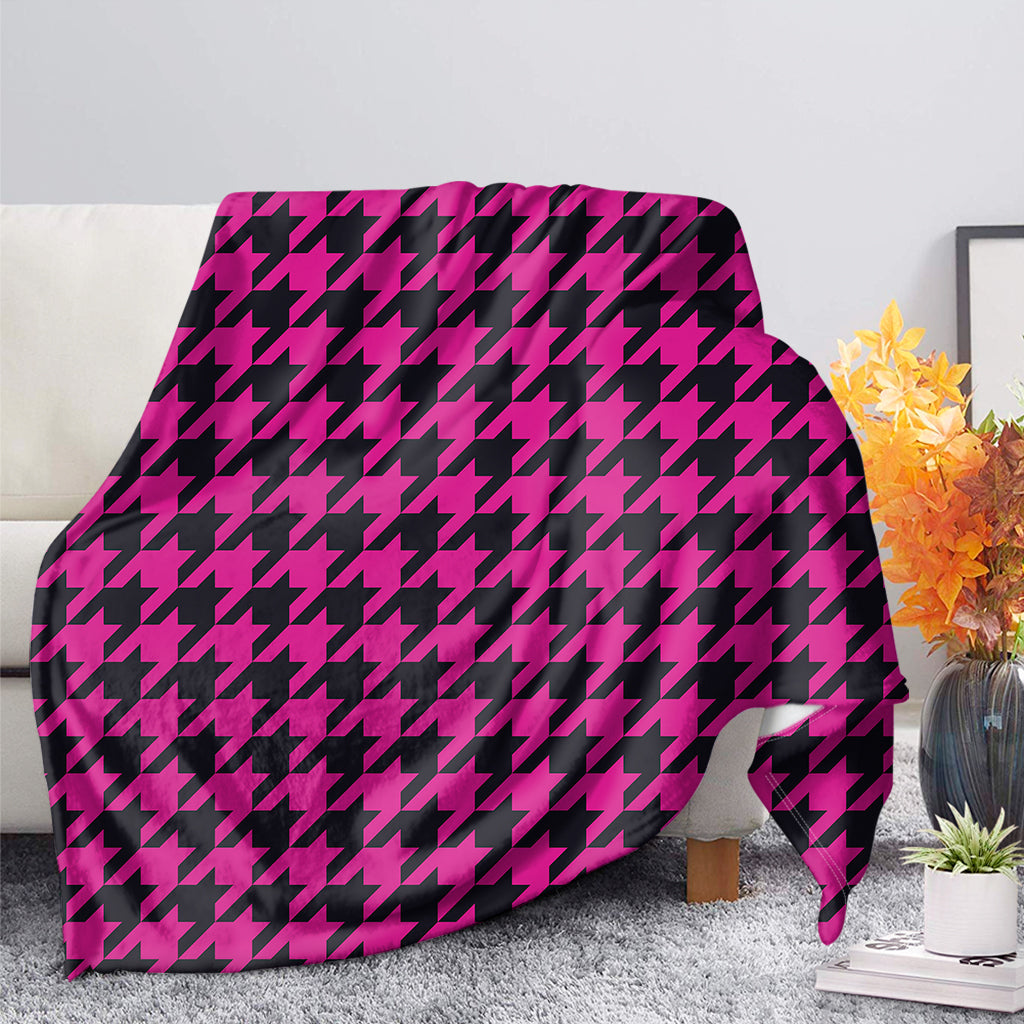 Magenta Pink And Black Houndstooth Print Blanket