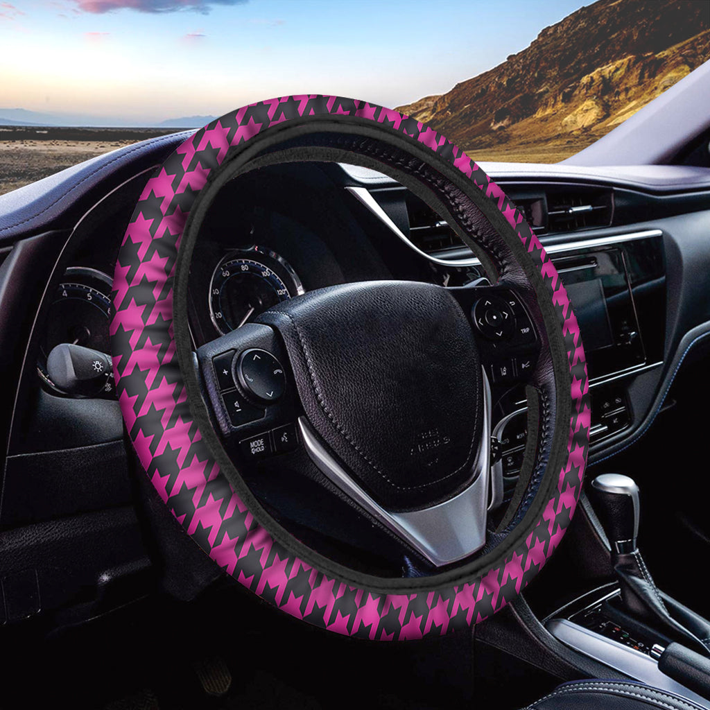 Magenta Pink And Black Houndstooth Print Car Steering Wheel Cover