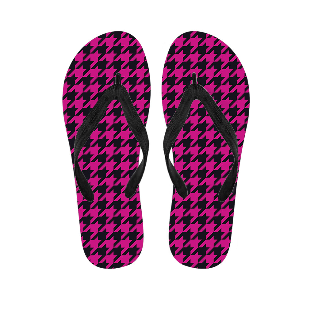 Magenta Pink And Black Houndstooth Print Flip Flops