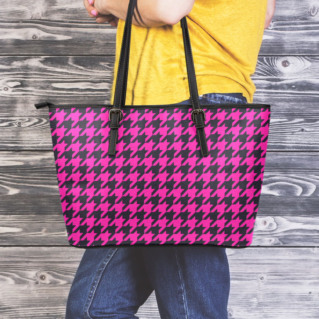 Magenta Pink And Black Houndstooth Print Leather Tote Bag