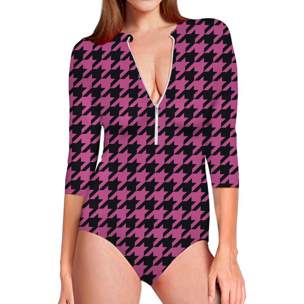 Magenta Pink And Black Houndstooth Print Long Sleeve One Piece Swimsuit