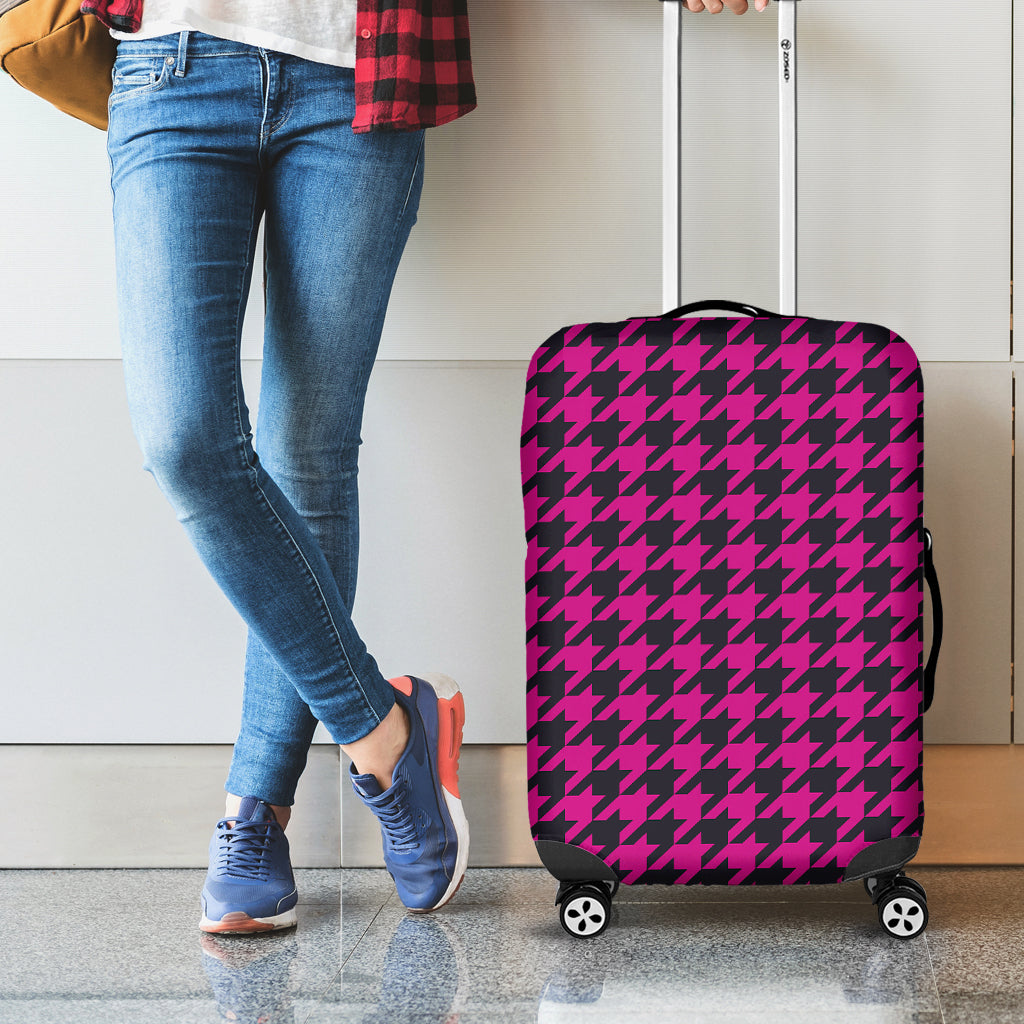 Magenta Pink And Black Houndstooth Print Luggage Cover