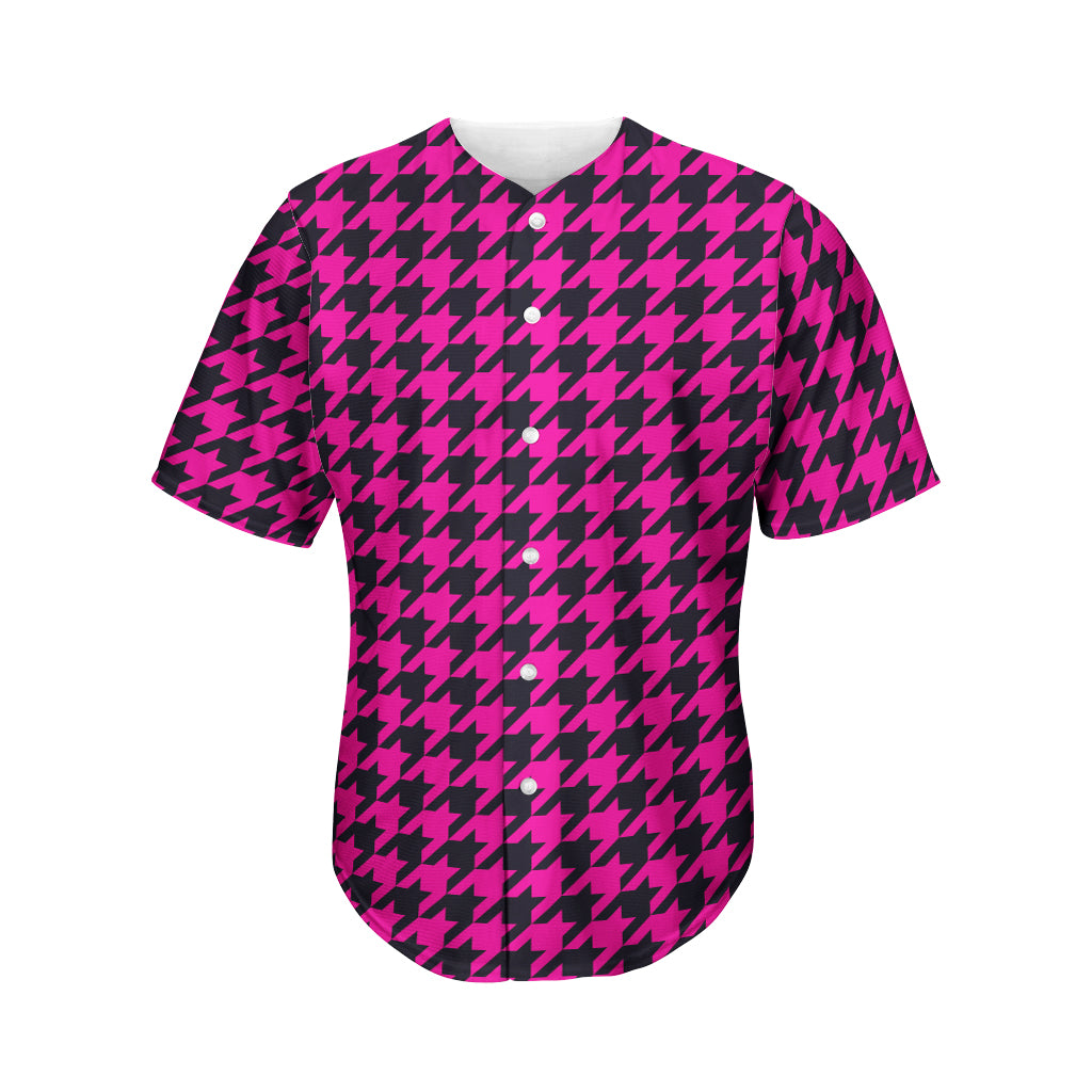 Magenta Pink And Black Houndstooth Print Men's Baseball Jersey