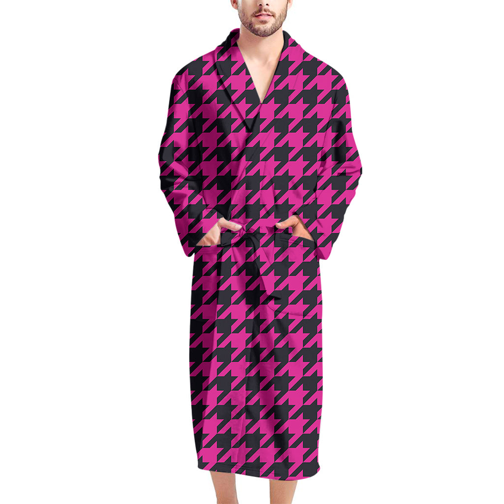 Magenta Pink And Black Houndstooth Print Men's Bathrobe