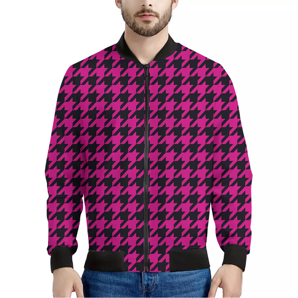 Magenta Pink And Black Houndstooth Print Men's Bomber Jacket