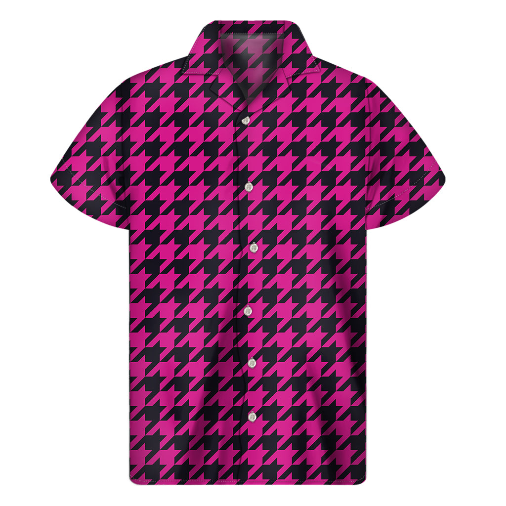 Magenta Pink And Black Houndstooth Print Men's Short Sleeve Shirt